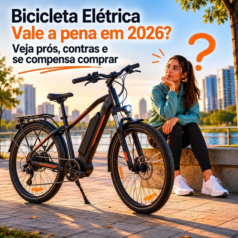 Bicicleta elétrica moderna com pessoa avaliando se vale a pena comprar uma bicicleta elétrica em 2026.
