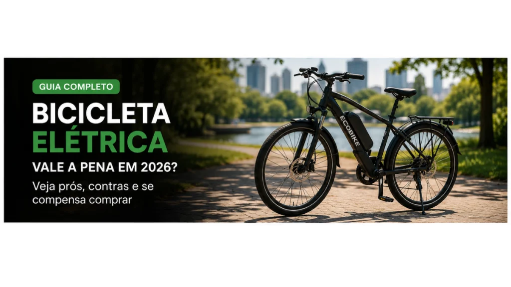 Bicicleta elétrica moderna circulando em ambiente urbano, mostrando praticidade, economia e mobilidade para o dia a dia.