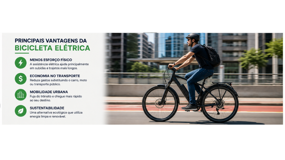 Pessoa utilizando bicicleta elétrica em trajeto urbano, demonstrando conforto, redução de esforço físico e economia no transporte diário.