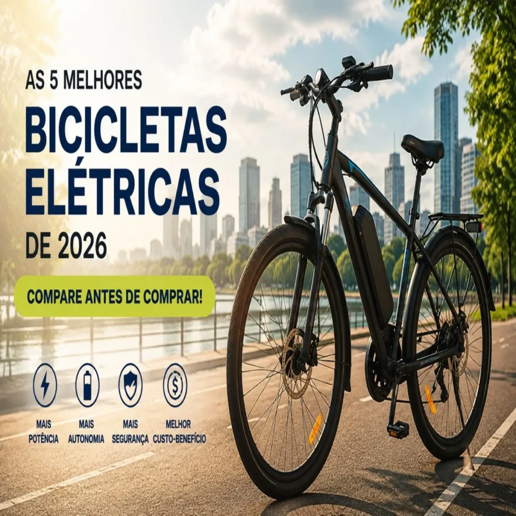 As 5 melhores bicicletas elétricas de 2026 mostrando uma bicicleta elétrica moderna e destacando comparação de potência, autonomia, segurança e custo-benefício para ajudar na escolha do melhor modelo.