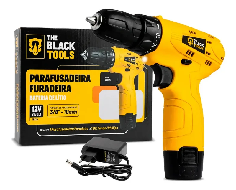 Parafusadeira e furadeira The Black Tools TB12A a bateria, na cor amarela