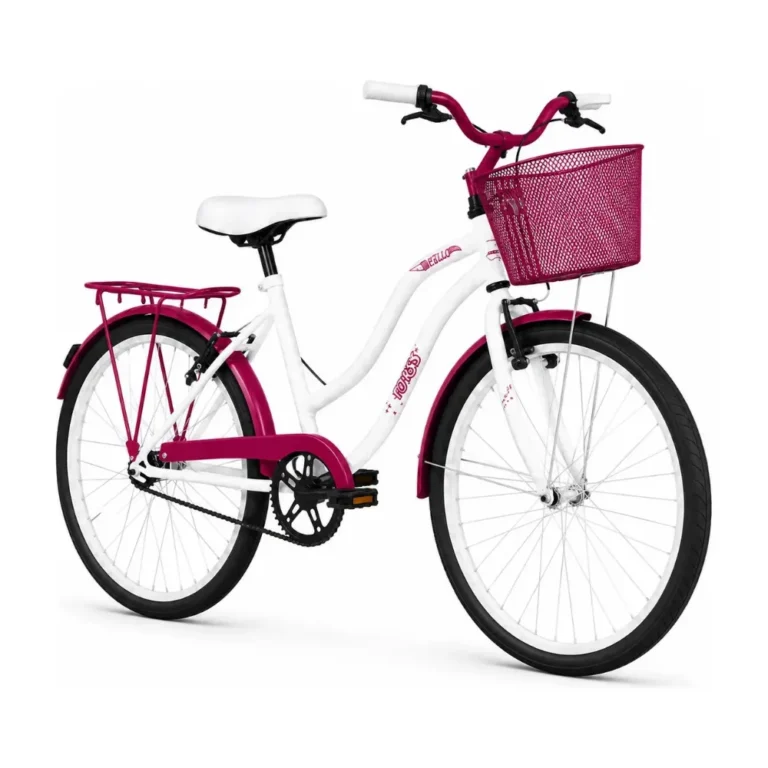 Bicicleta Forss Hello aro 24 feminina branca e pink com cesto, sem marchas