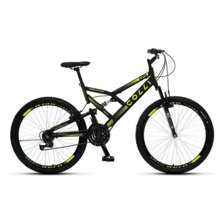 Bicicleta aro 26 Colli GPS preta e amarela com suspensão dianteira e traseira