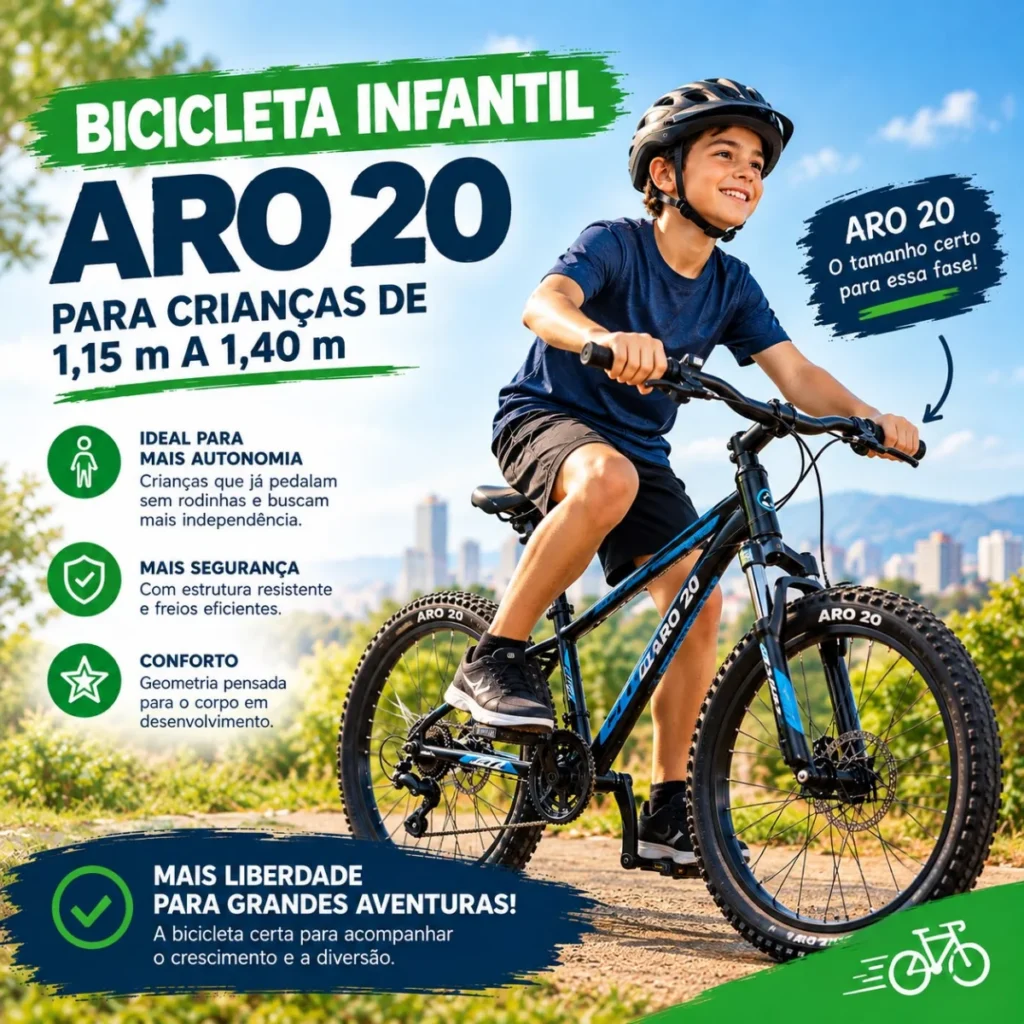 Bicicleta infantil aro 20 para crianças de 1,15 m a 1,40 m
