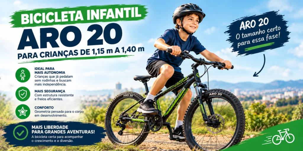 Bicicleta infantil aro 20 para crianças de 1,15 m a 1,40 m