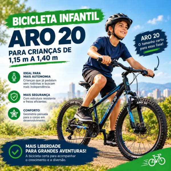 Bicicleta infantil aro 20 para crianças de 1,15 m a 1,40 m