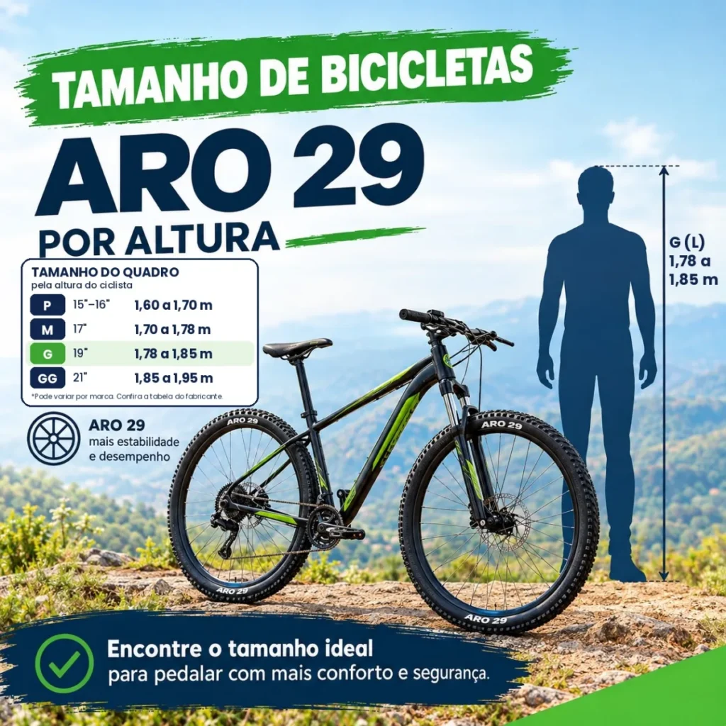 Tamanho de bicicleta aro 29 por altura: escala P, M, G e GG